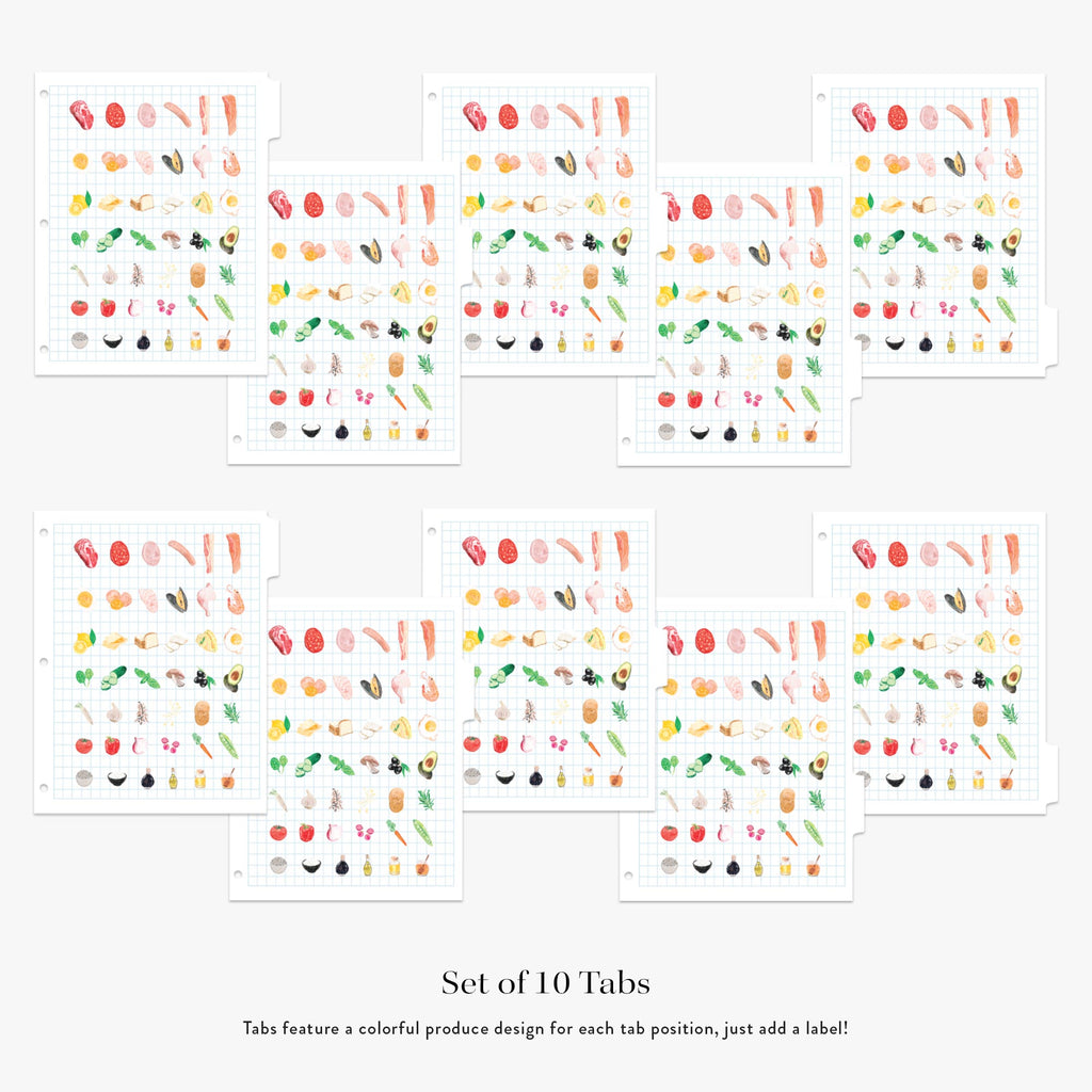 Set of 10 colorful produce-themed tabs on a white background