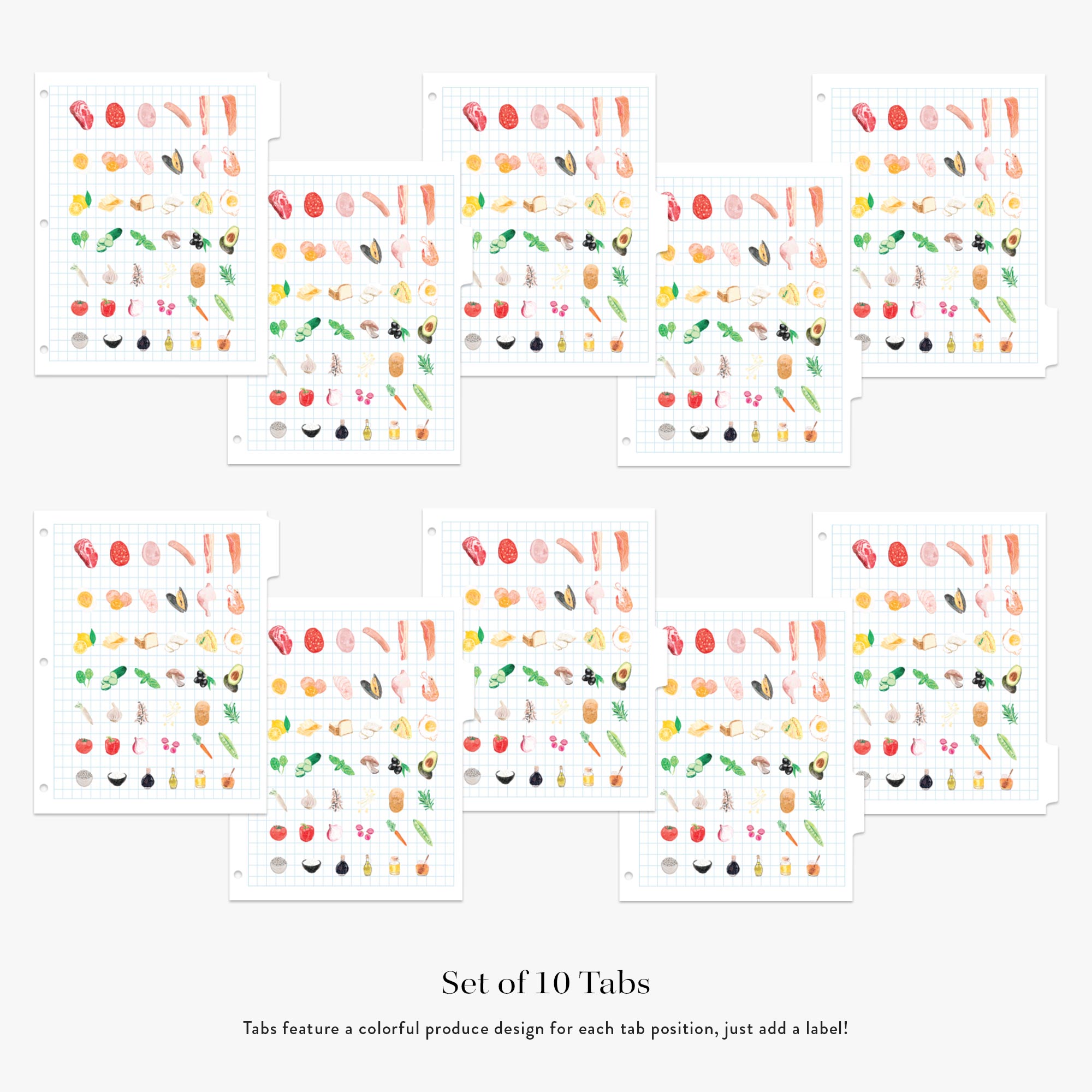 Set of 10 colorful produce-themed tabs on a white background