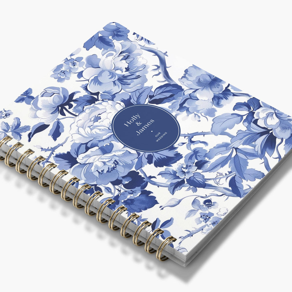 Wedding Planner — Blue Toile design, angled view showing cover and spine