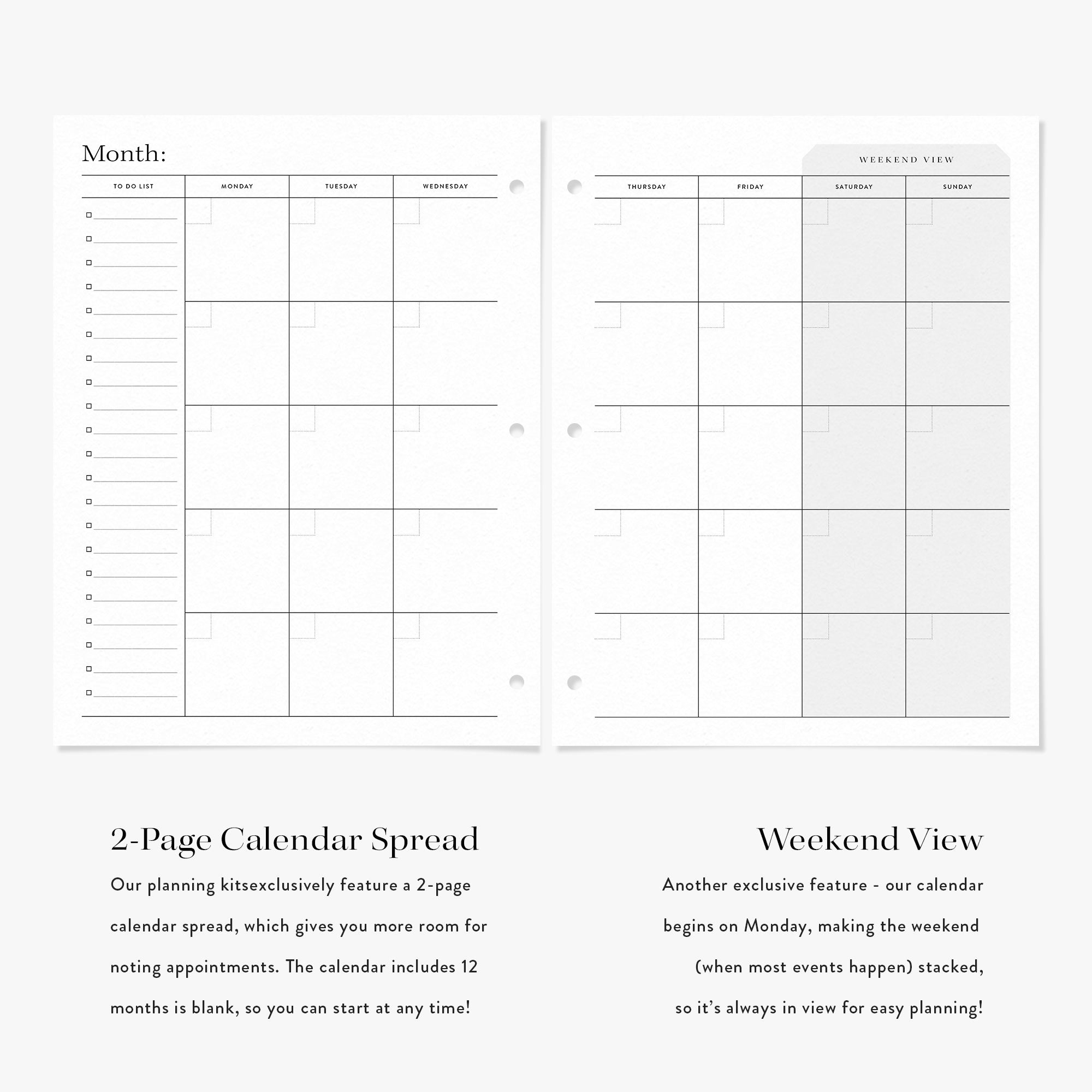 Two-page calendar spread with month and weekend views on a white background.