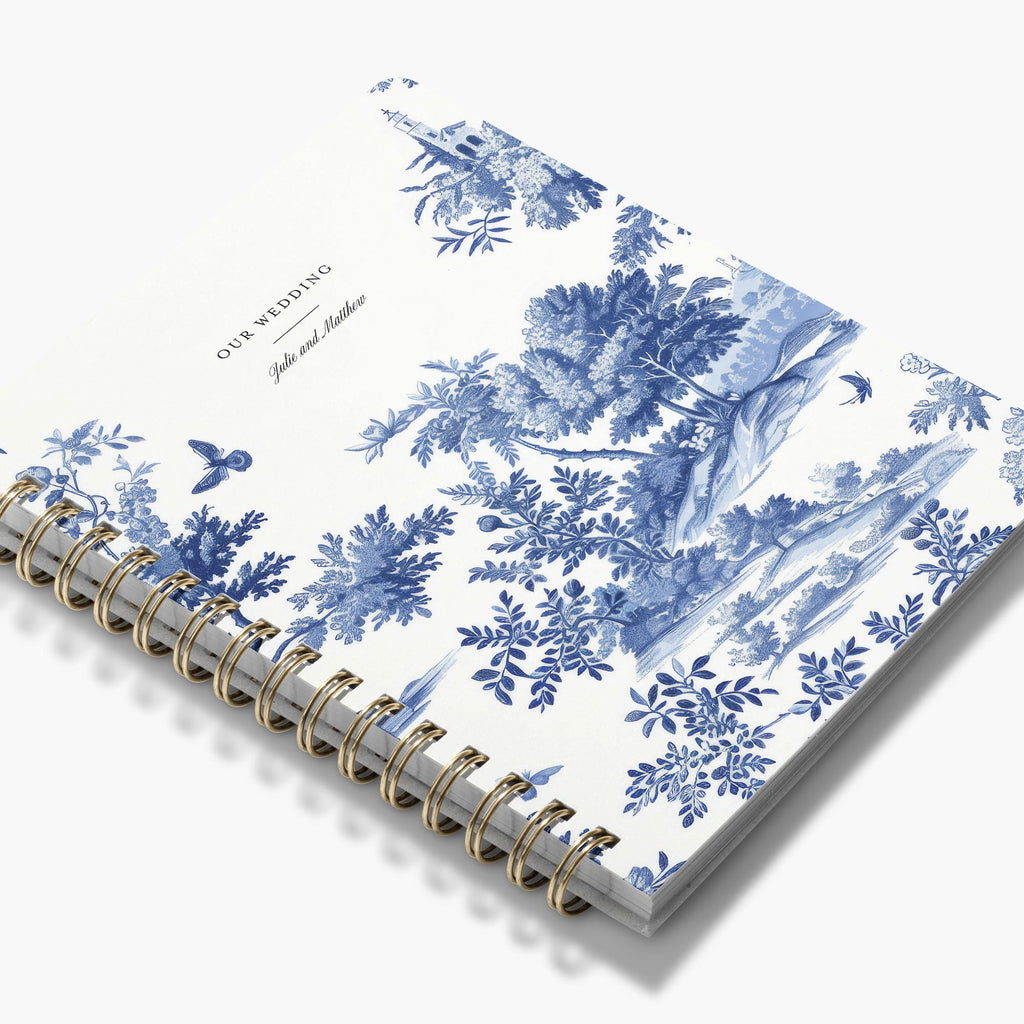Wedding Planner — Classic Toile design, angled view showing cover and spine