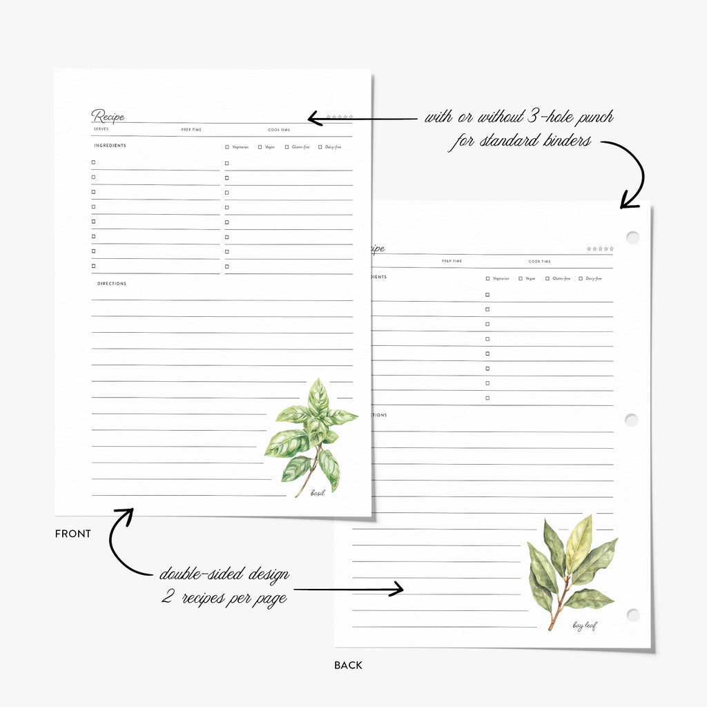 Recipe binder refill sheet with green cooking herbs design on a white background