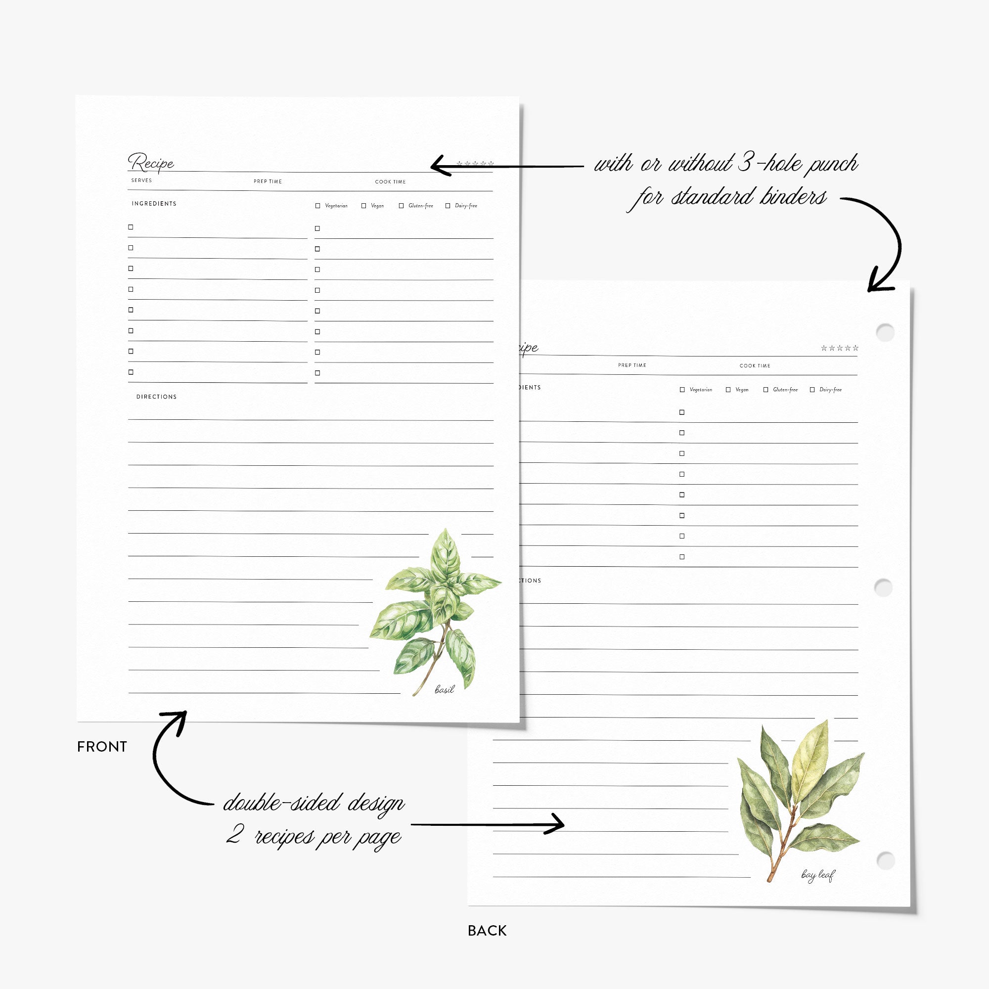 Recipe binder refill sheet with green cooking herbs design on a white background