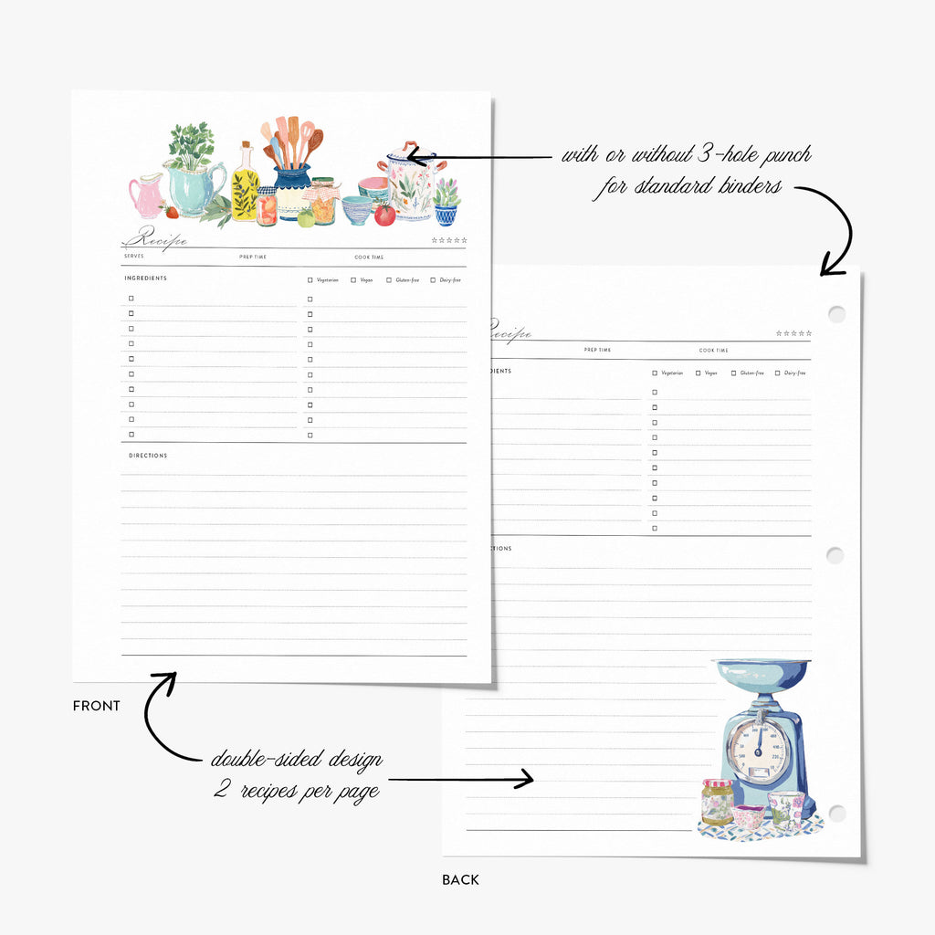 Double-sided recipe binder refill sheet with kitchen-themed watercolor illustrations on a white background