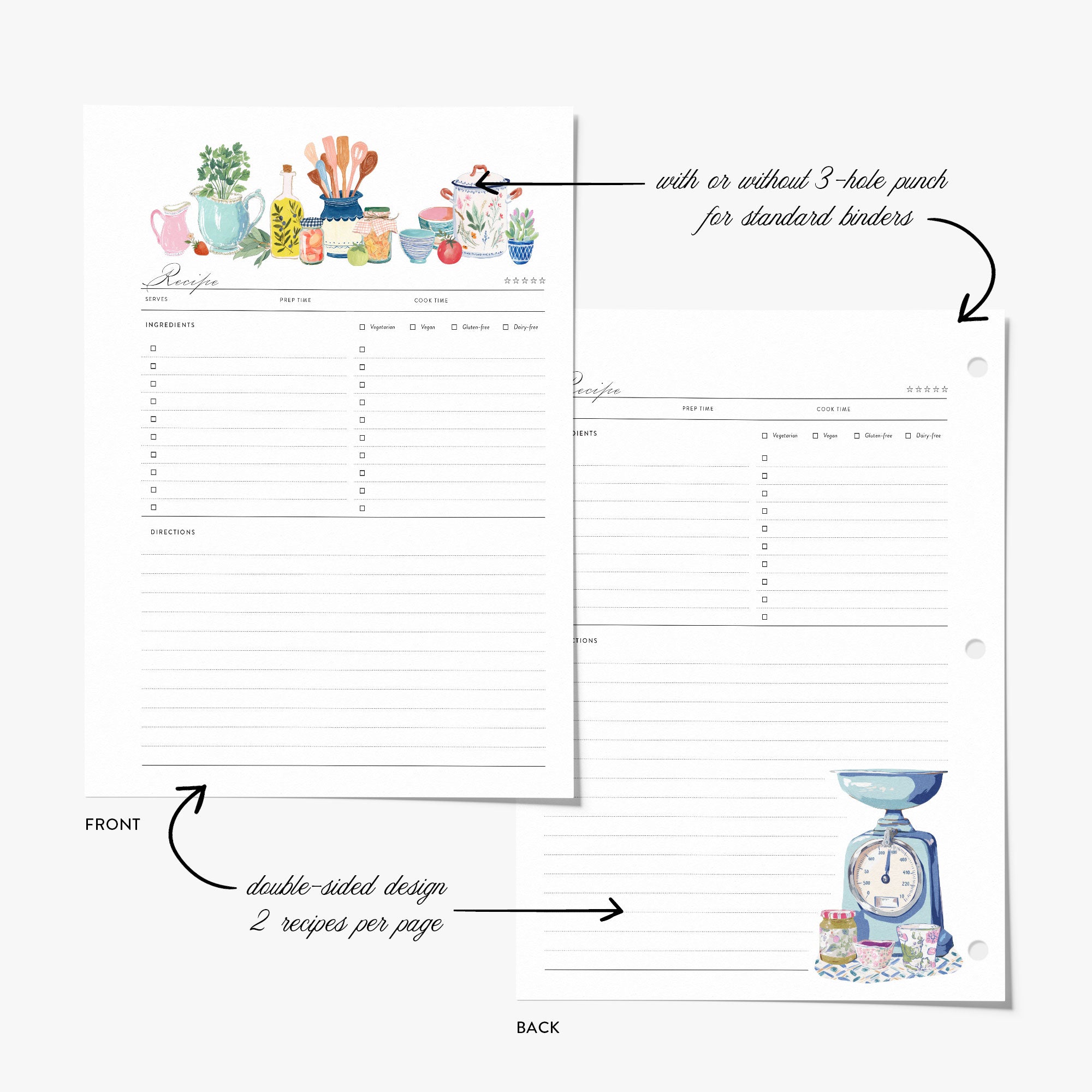 Double-sided recipe binder refill sheet with kitchen-themed watercolor illustrations on a white background