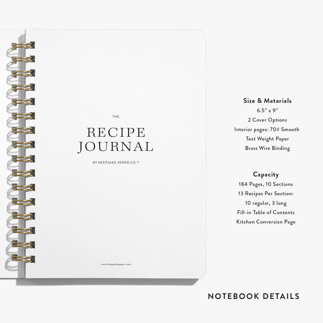 Our custom recipe journals have room for 130 recipes in a portable 6x9 size and are beautifully bound with brass wire.