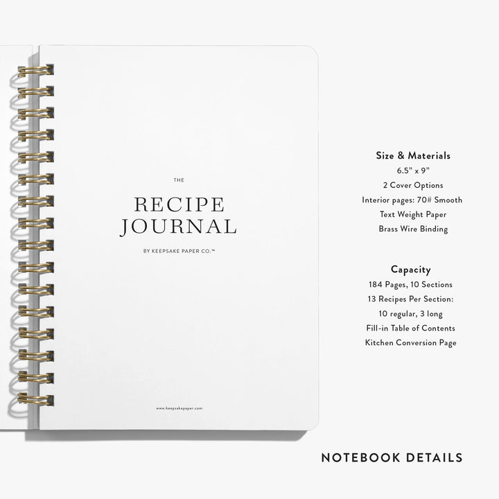 Our custom recipe journals have room for 130 recipes in a portable 6x9 size and are beautifully bound with brass wire.