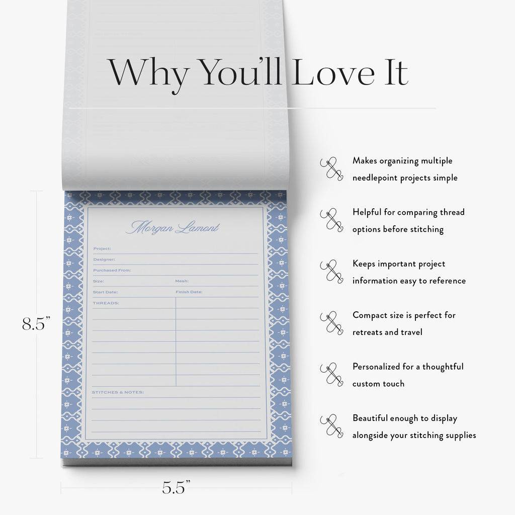 Needlepoint project tracking notepad on a white background with list of product benefits