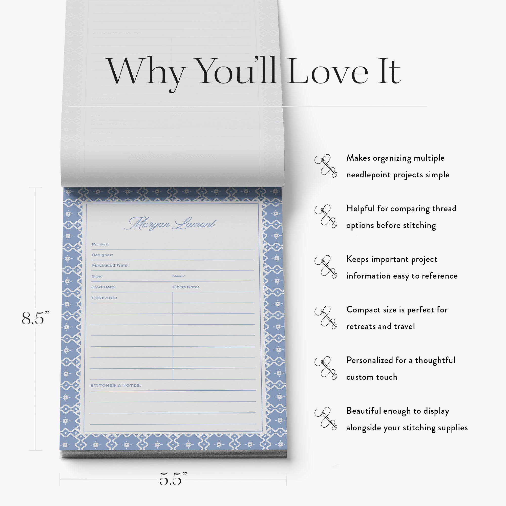 Needlepoint project tracking notepad on a white background with list of product benefits