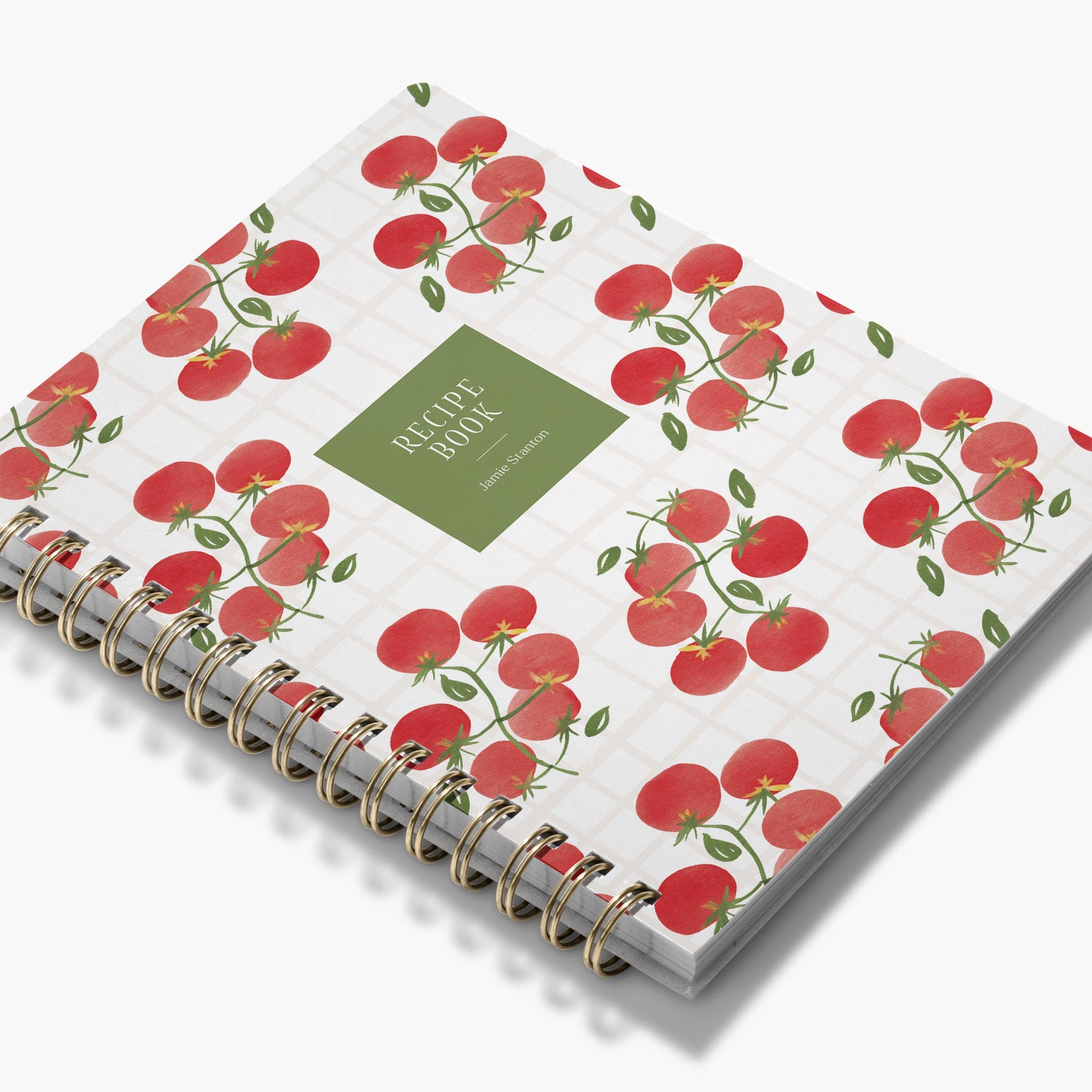 Custom cookbook with retro tomato pattern with gold wire binding
