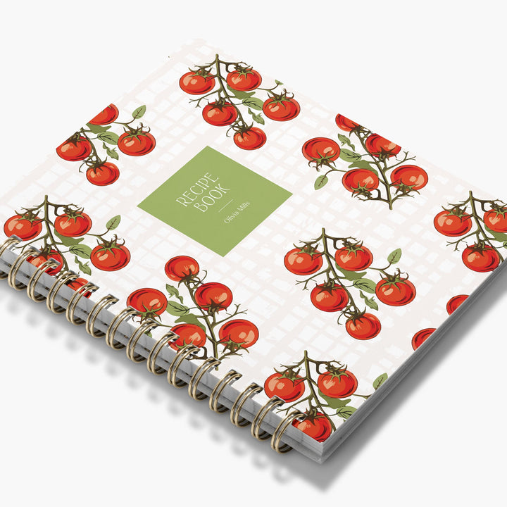 Custom cookbook with retro tomato pattern with gold wire binding