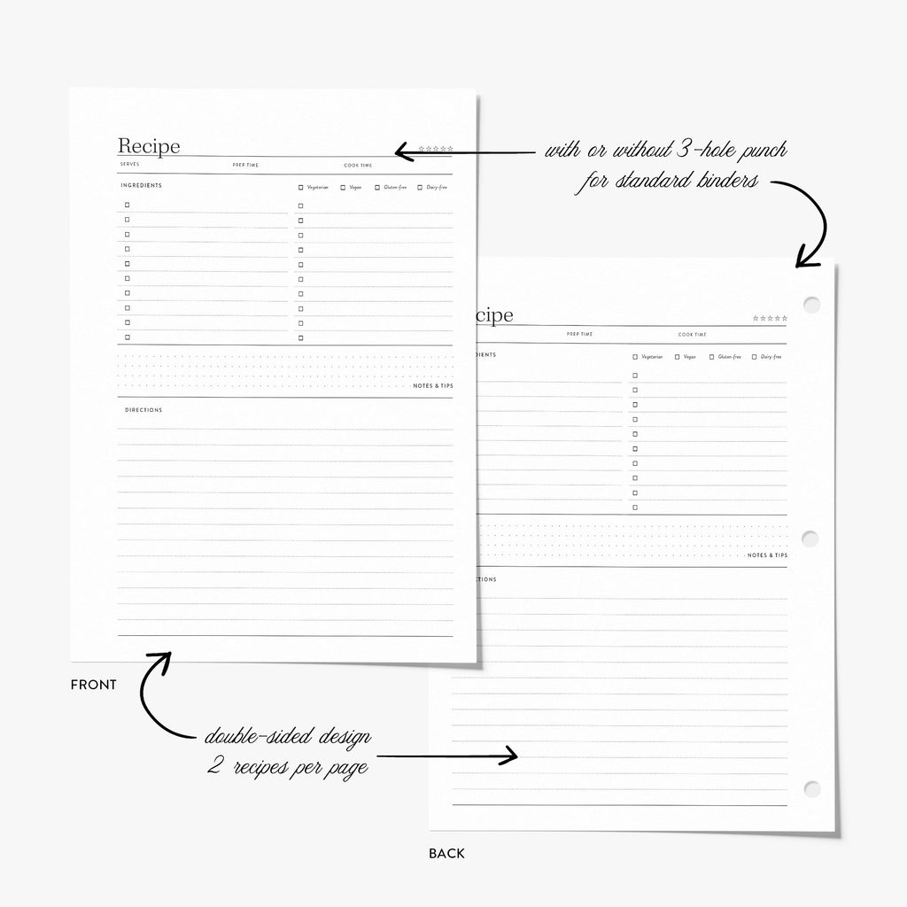 Double-sided recipe card design with text indicating front and back sides, 2 recipes per page, and 3-hole punch availability.