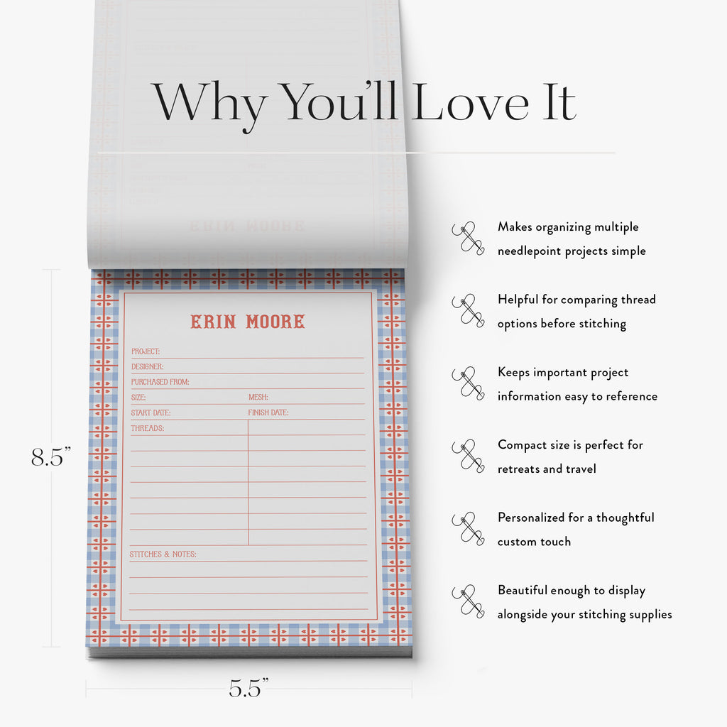 Stitch project notepad with space for canvas name, designer, mesh count and more on a white background.