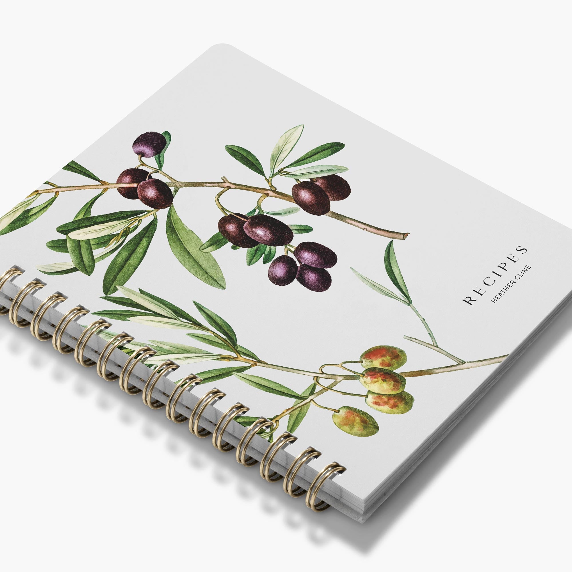 Custom recipe journal with olive branch design and gold spiral binding