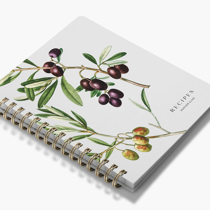 Custom recipe journal with olive branch design and gold spiral binding