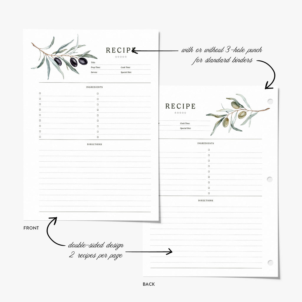 Recipe Binder Refill Pages - Olive Bunch