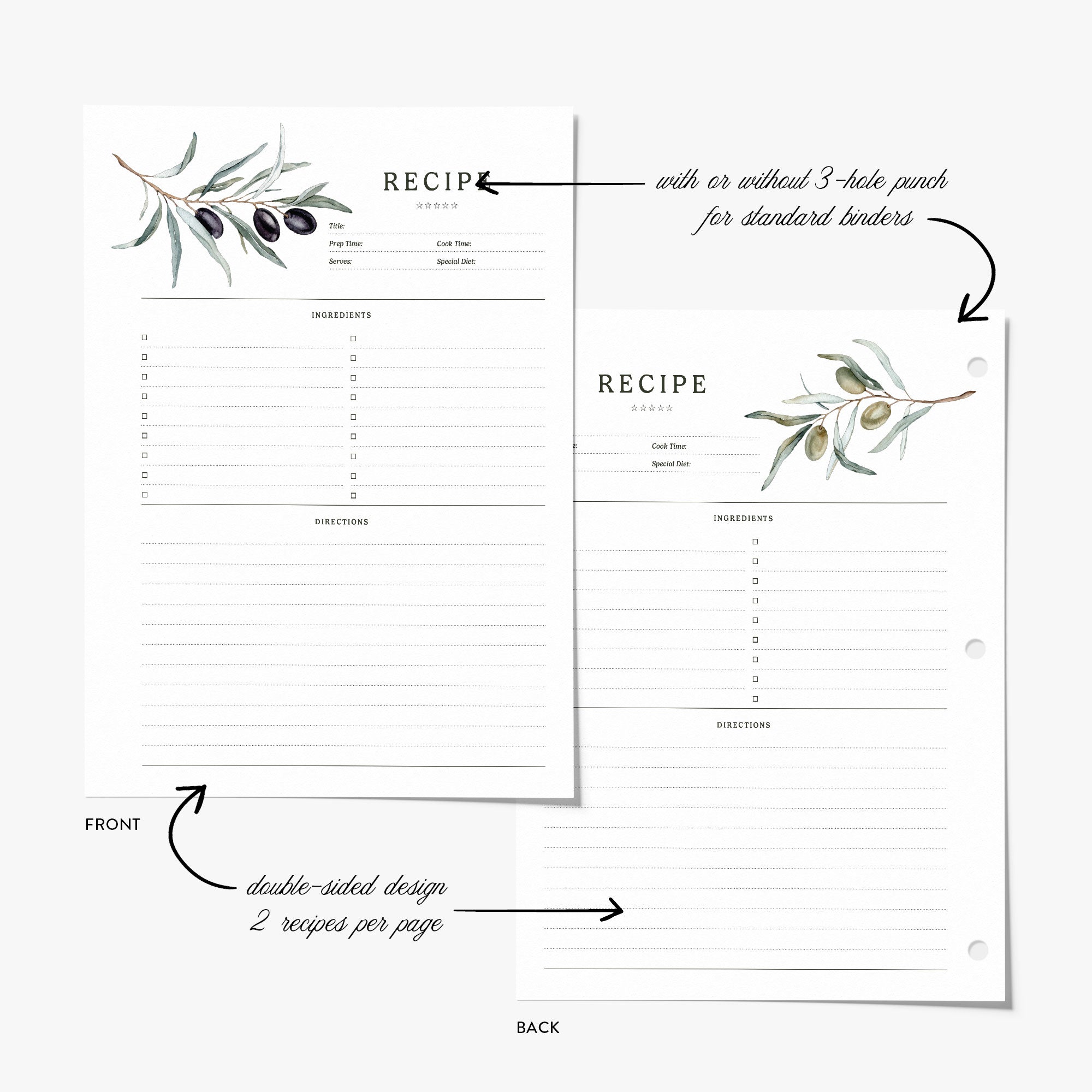 Recipe Binder Refill Pages - Olive Bunch