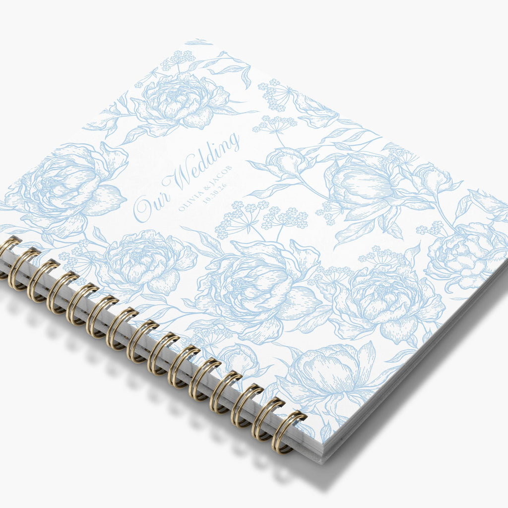 Wedding Planner — Peony Toile design, angled view showing cover and spine