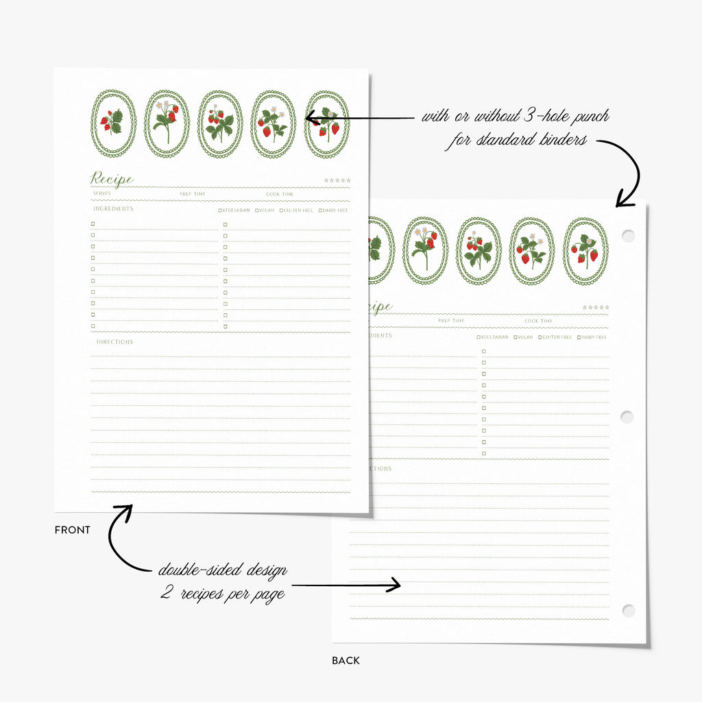 Double-sided recipe binder refill card with strawberry design on a white background