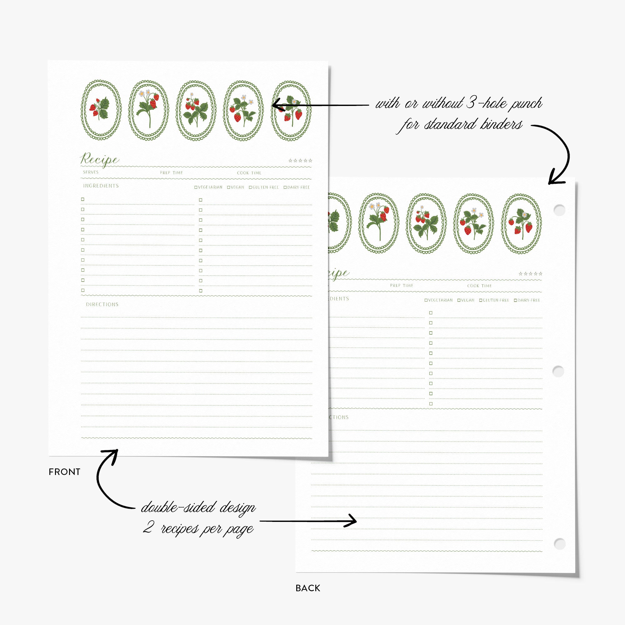 Double-sided recipe binder refill card with strawberry design on a white background