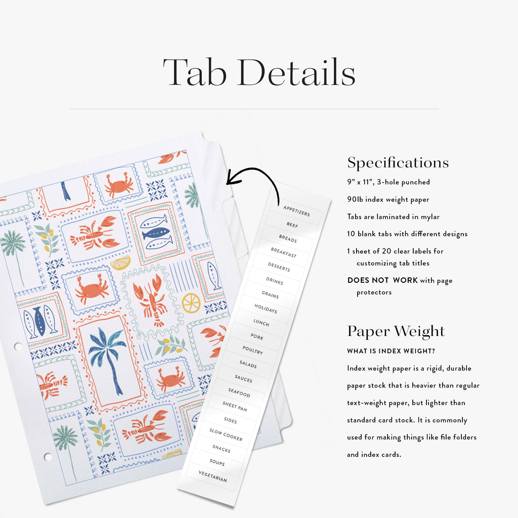 Tab details for custom recipe tabs with text describing specifications along with a photo of the tab design and 20 peel and stick labels
