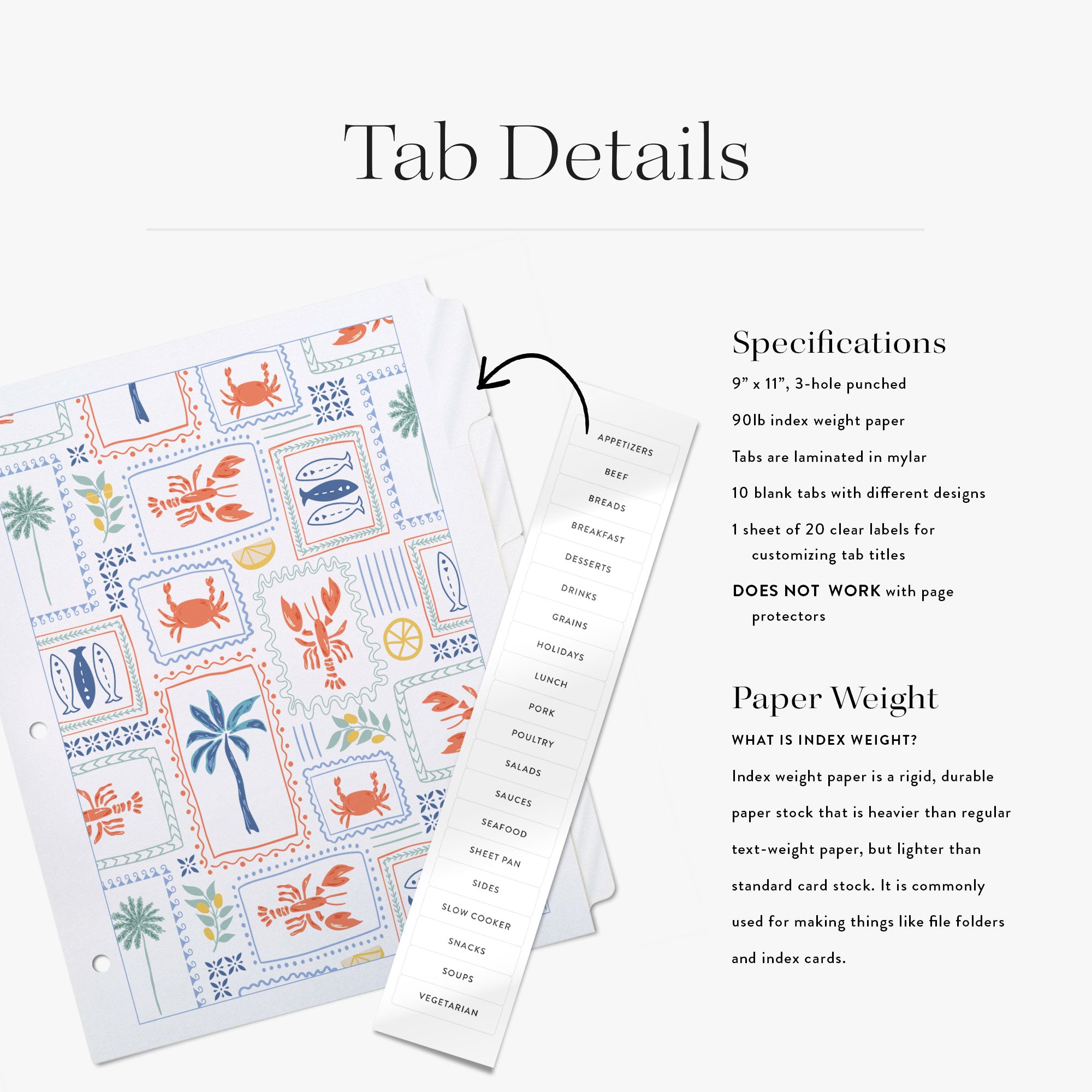 Tab details for custom recipe tabs with text describing specifications along with a photo of the tab design and 20 peel and stick labels