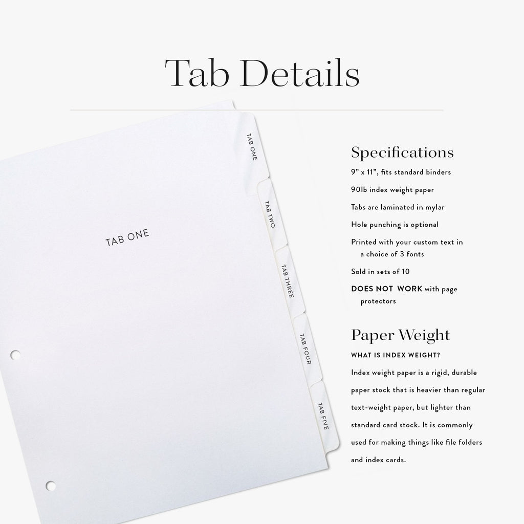 Custom binder tab details showing white 90lb index paper with durable mylar-coated personalized tabs