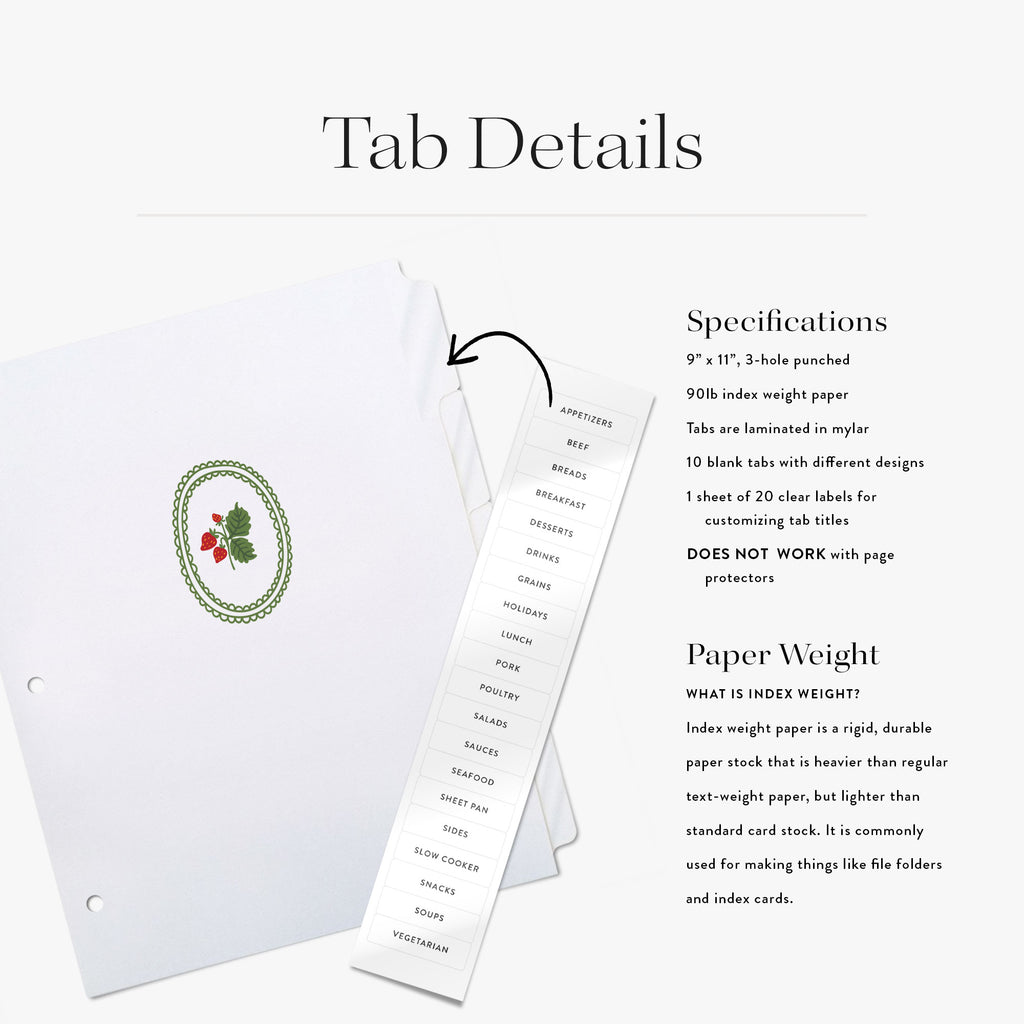 Tab details with strawberry recipe binder tabs shown with custom labels and specifications