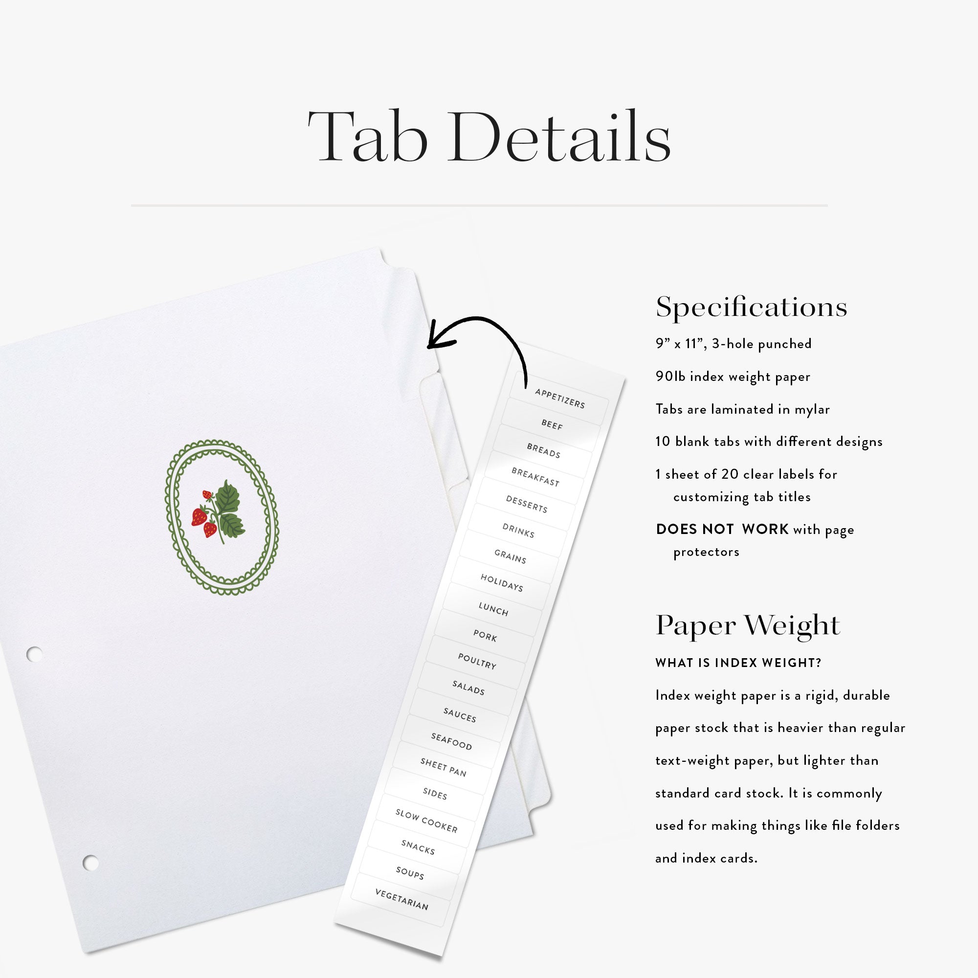 Tab details with strawberry recipe binder tabs shown with custom labels and specifications