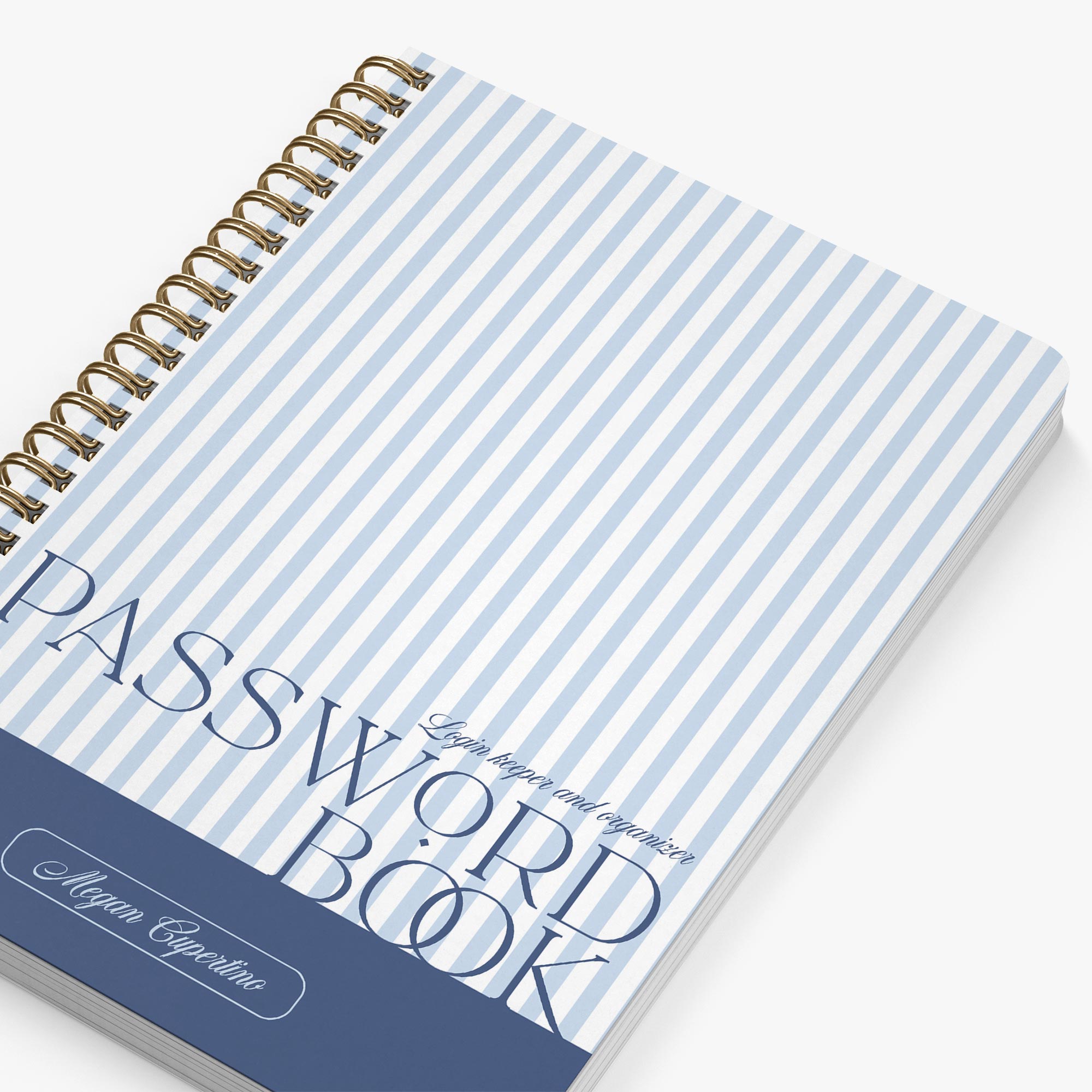 Password book with blue and white striped cover on a white background