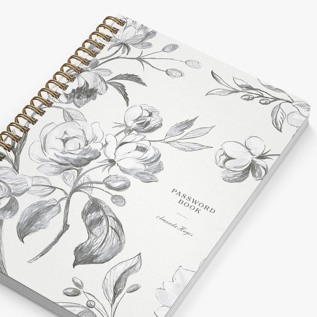 Floral design notebook with 'Password Book' text on a white background