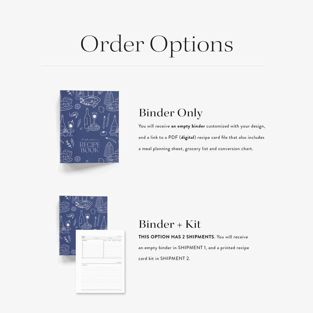 Our custom recipe binders come in two options; as an empty binder with digital recipe card set or with a printed recipe kit