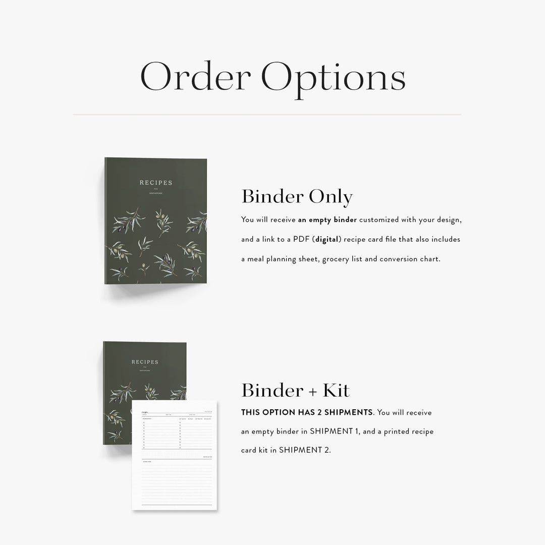 Our personalized recipe binders come in two options; an empty binder with digital recipe card or with printed recipe kit
