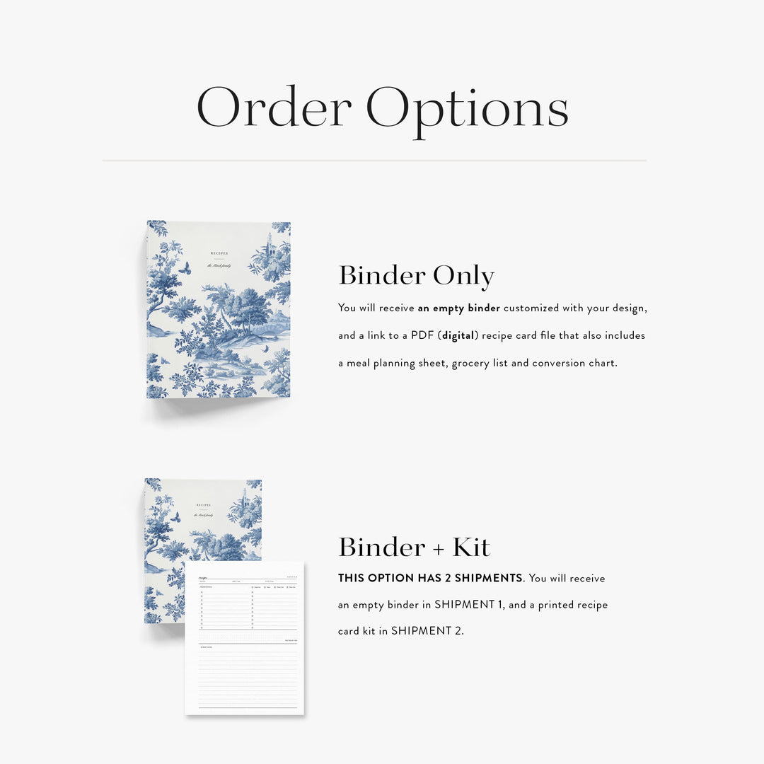 Product description for a binder and kit with blue floral design on a white background
