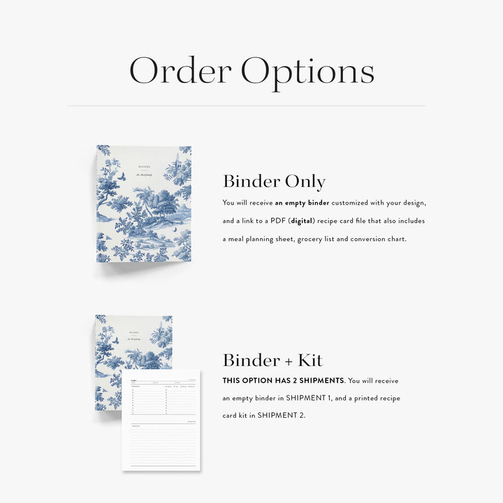 Product description for a binder and kit with blue floral design on a white background