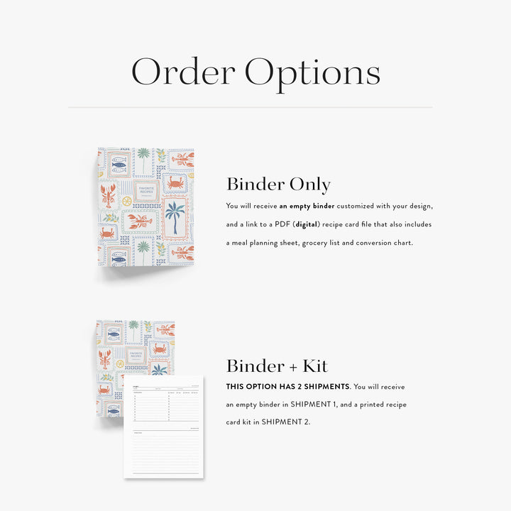 Our keepsake cooking binders come in two options; empty with a digital recipe card to print at home or with a printed recipe kit
