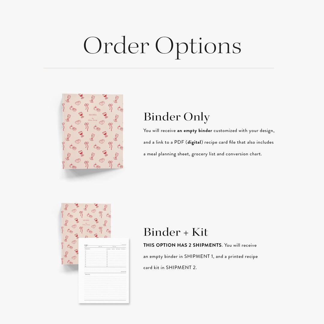 Order options for custom 3-ring recipe binder perfect for kitchen storage and organization
