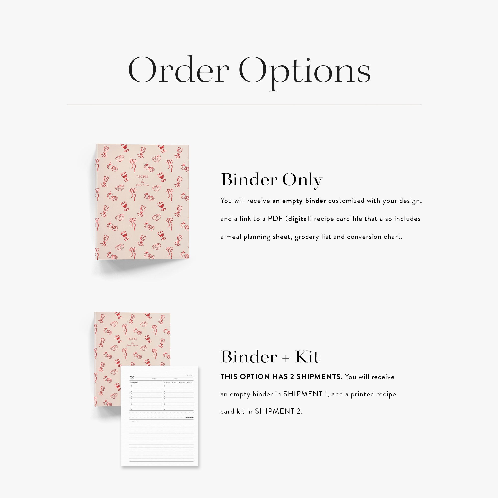 Order options for custom 3-ring recipe binder perfect for kitchen storage and organization
