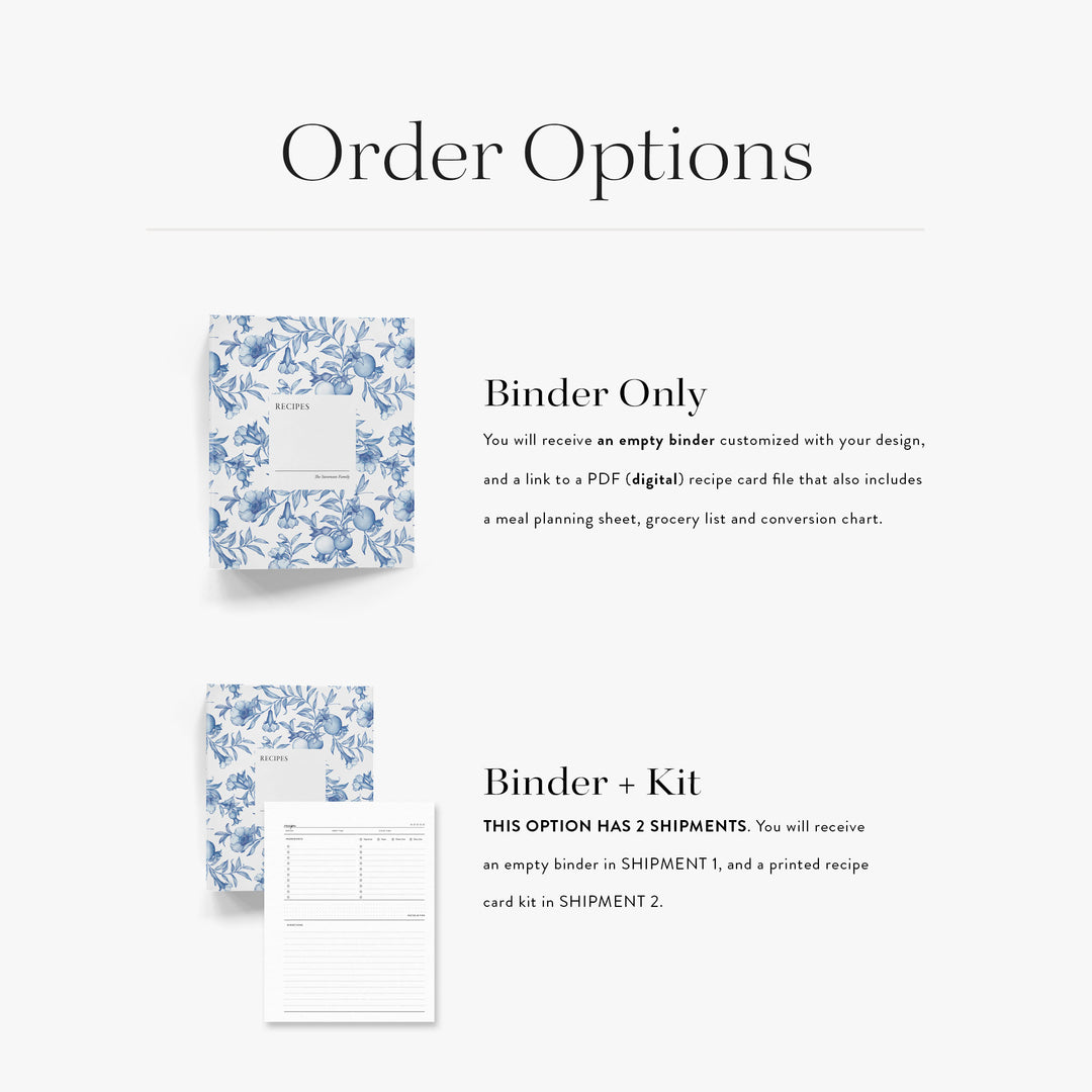 Order options for our custom cookbooks; empty binder with digital recipe card or a printed kit