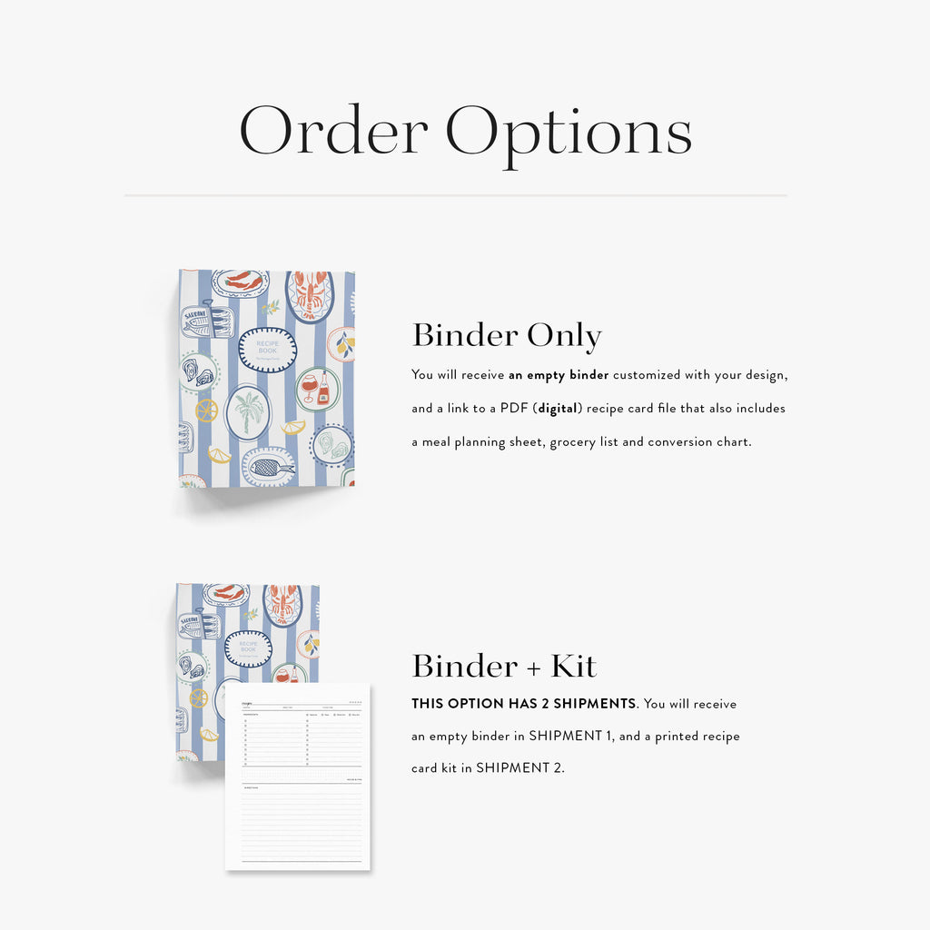 Our keepsake cooking binders come in two options; empty with a digital recipe card to print at home or with a printed recipe kit