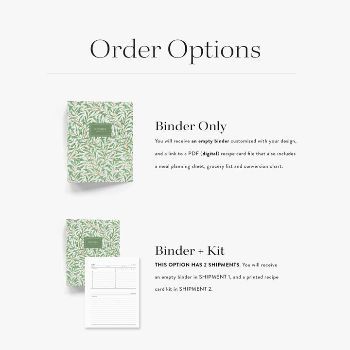 Our recipe binders come in two options; an empty binder with digital recipe cards or with a printed recipe kit