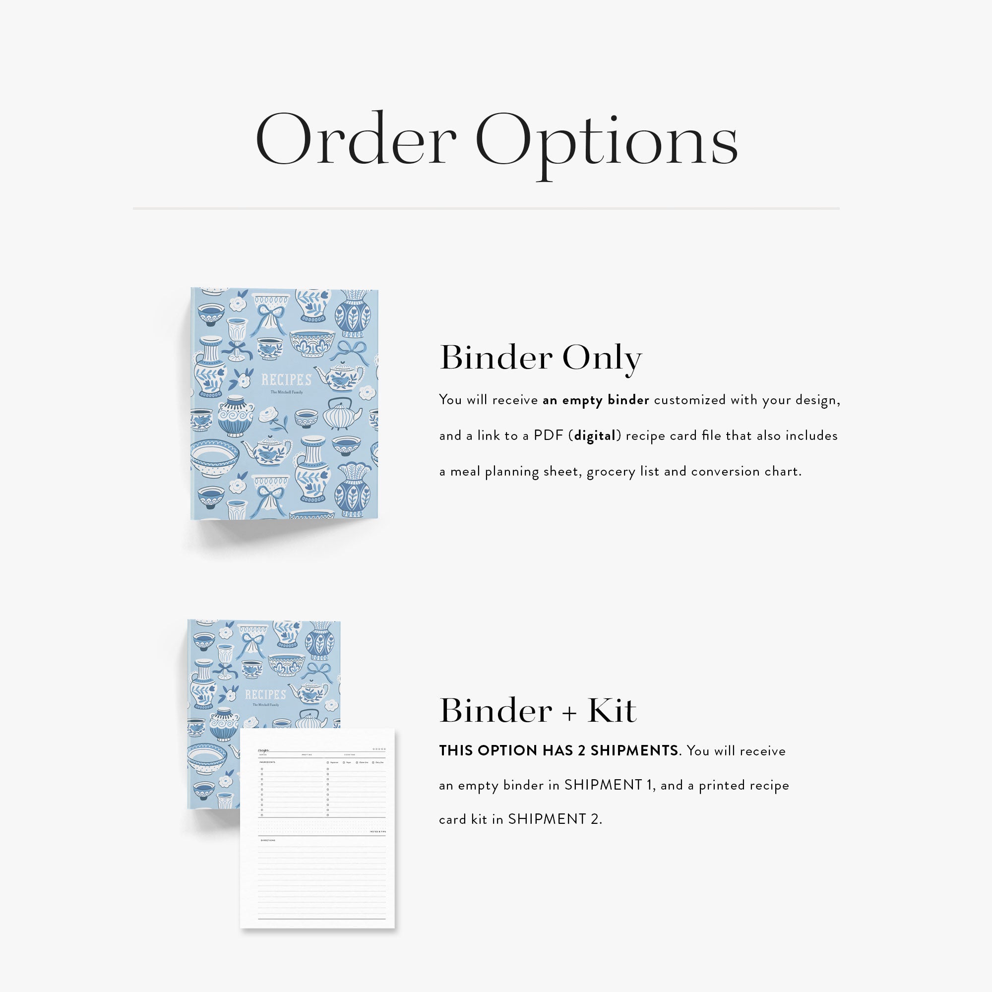 Order options for personalized recipe binders on a white background with binders in a blue and white teapot pattern on a white background.