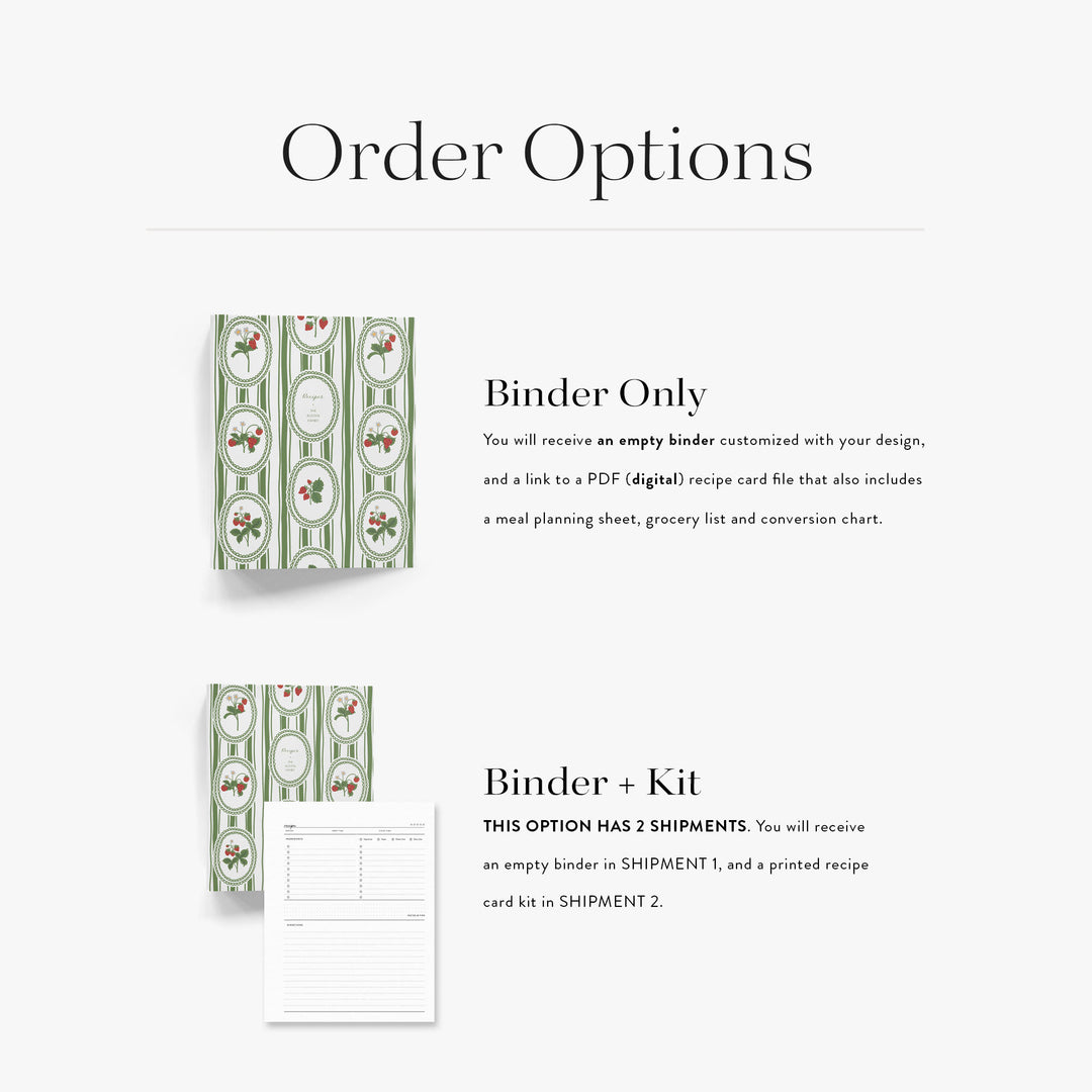 Our personalized recipe binders are available in two options; an empty binder with digital recipe cards or with a printed recipe kit