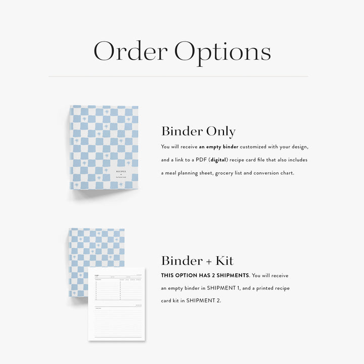 Our custom recipe binders come in two options; an empty binder with digital recipe card or with a printed recipe kit
