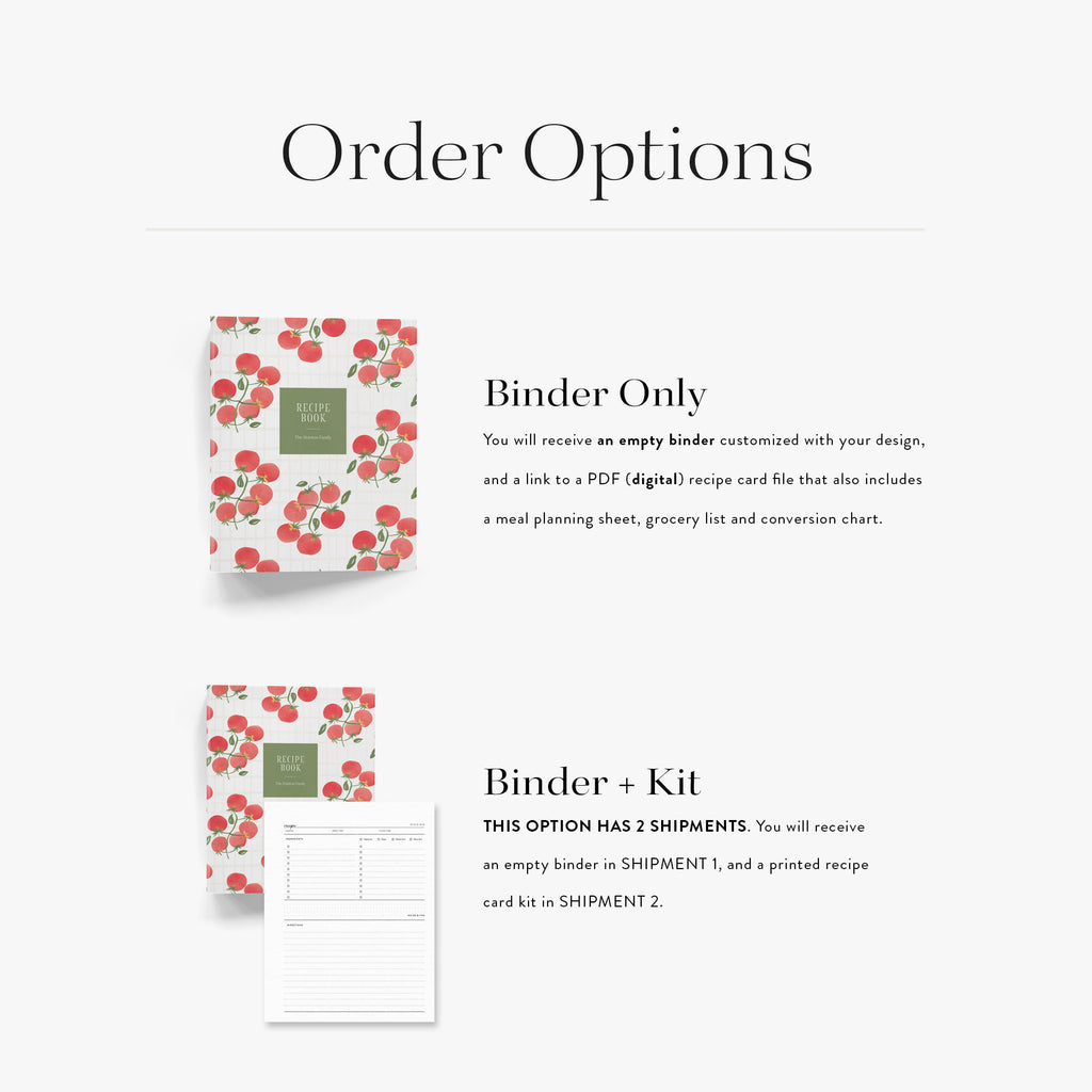 Product packaging with a design of red tomatoes on a white background, accompanied by text about order options for a binder and kit.