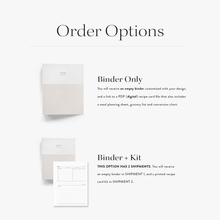 Order options for custom 3-ring recipe binder perfect for kitchen storage and organization