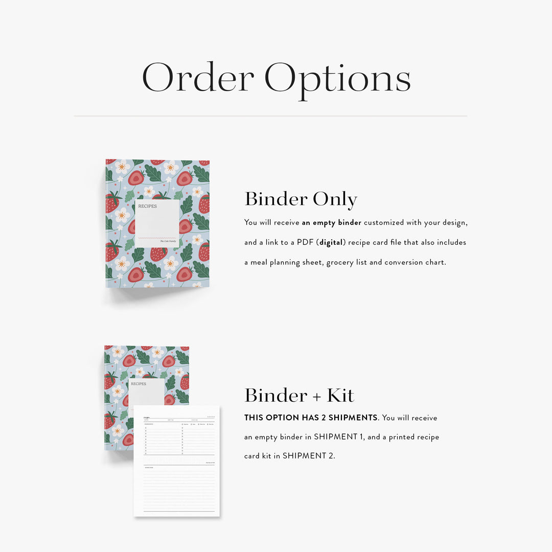Order options for a personalized binder with strawberry pattern and recipe cards on a white background.