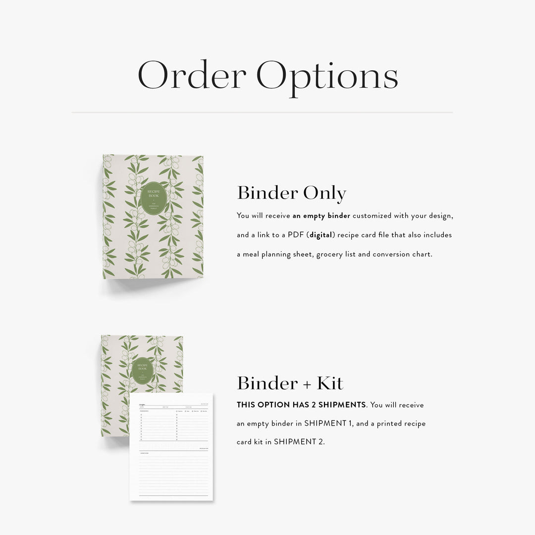 Our personalized recipe binders come in two options; an empty binder with digital recipe card or printed recipe kit