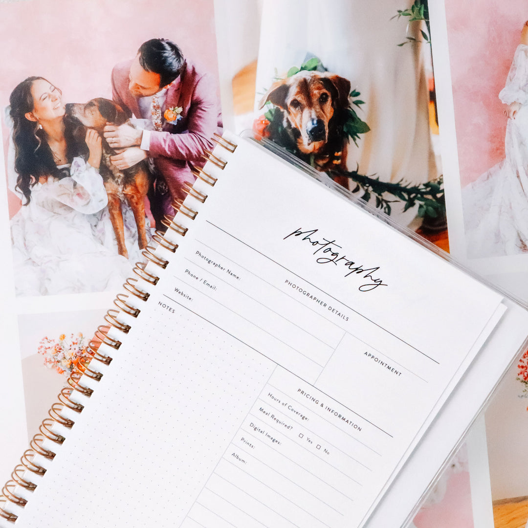 Wedding planner photography worksheet with space to note photographer details, pricing, and appointment information to keep plans organized
