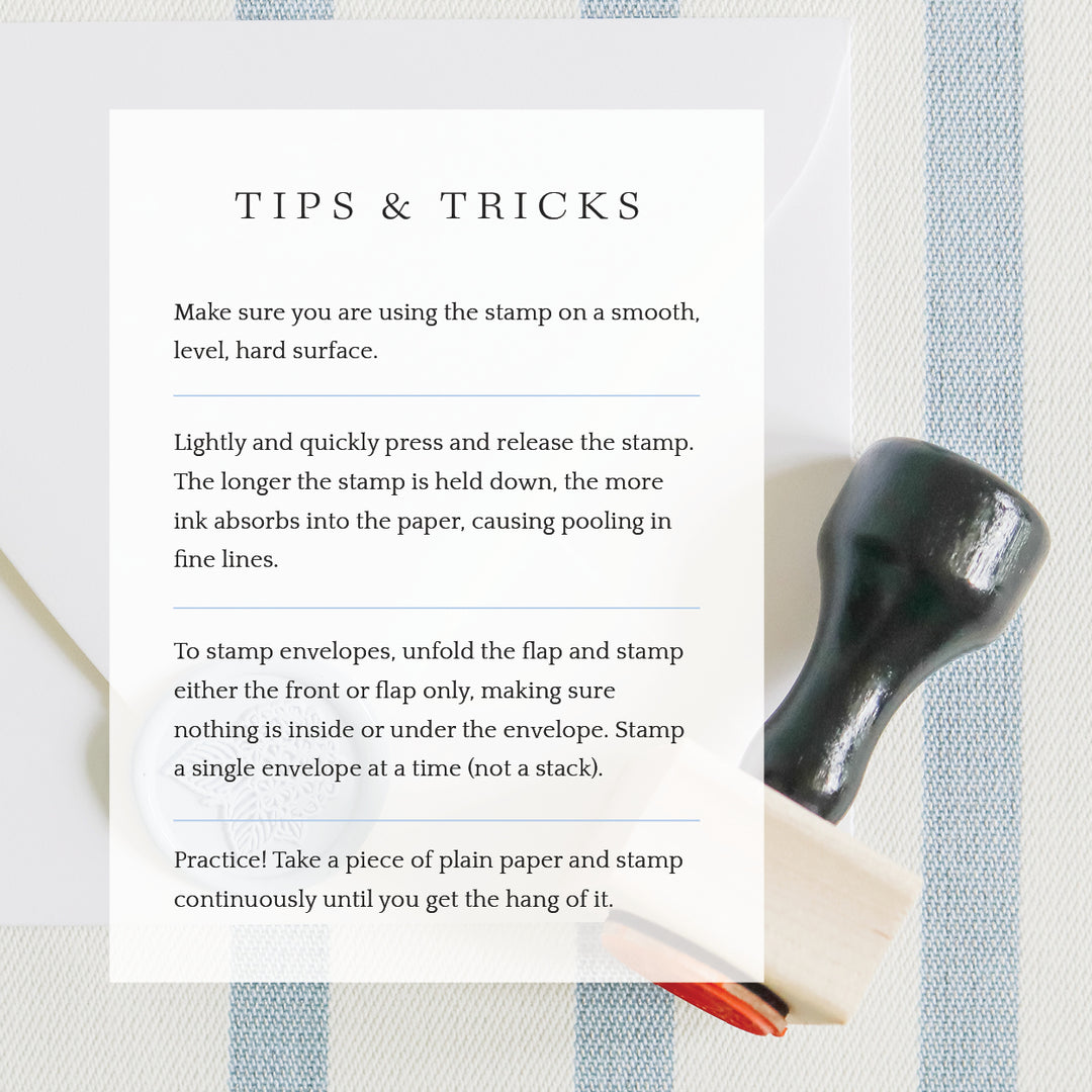 An informative list detailing tips & tricks for using your custom address stamp with a wood stamp in the background